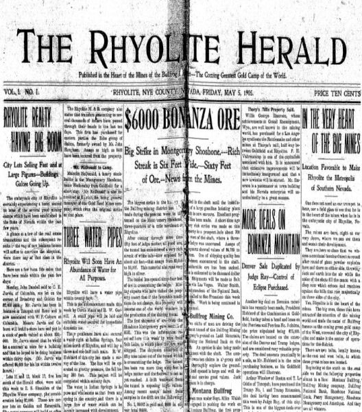 Front page of The Rhyolite Herald